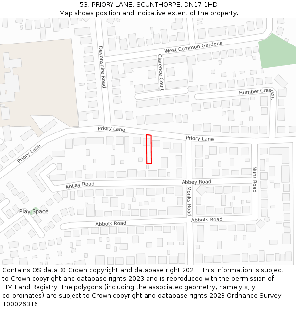 53, PRIORY LANE, SCUNTHORPE, DN17 1HD: Location map and indicative extent of plot