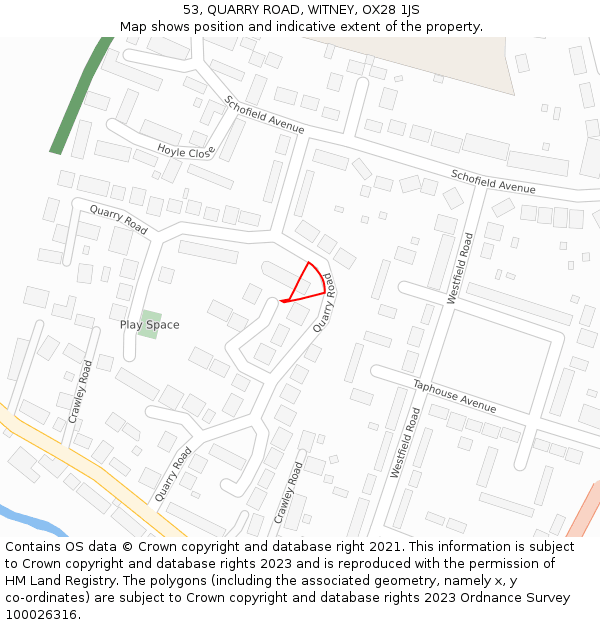 53, QUARRY ROAD, WITNEY, OX28 1JS: Location map and indicative extent of plot