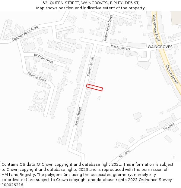 53, QUEEN STREET, WAINGROVES, RIPLEY, DE5 9TJ: Location map and indicative extent of plot