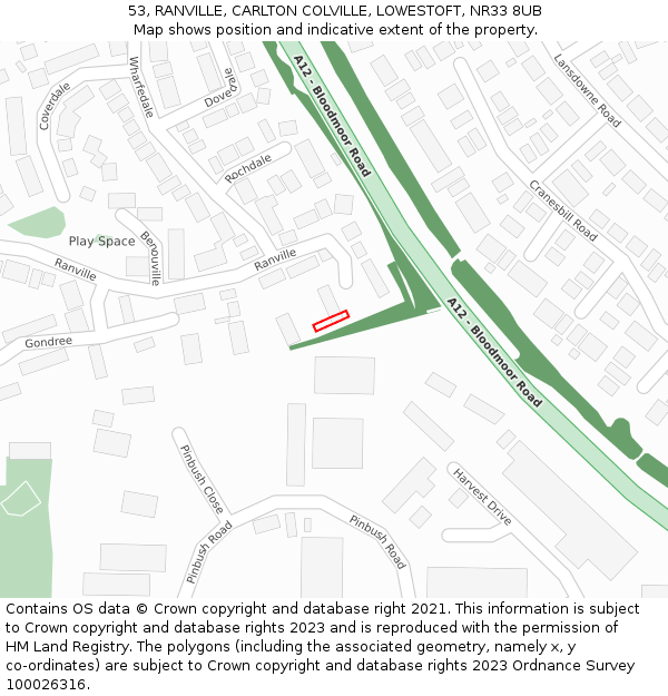 53, RANVILLE, CARLTON COLVILLE, LOWESTOFT, NR33 8UB: Location map and indicative extent of plot