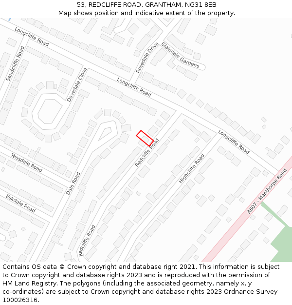 53, REDCLIFFE ROAD, GRANTHAM, NG31 8EB: Location map and indicative extent of plot