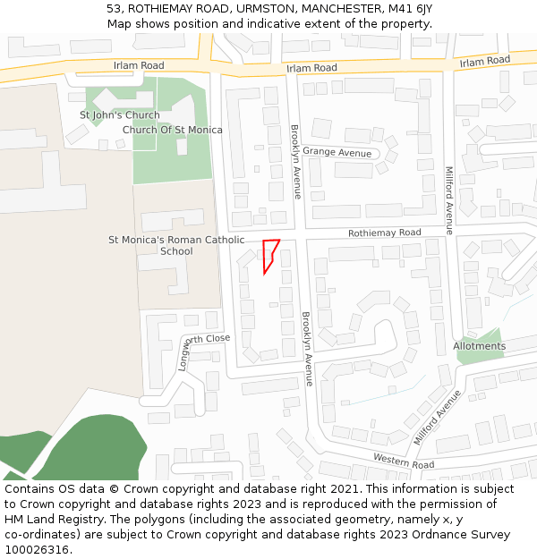 53, ROTHIEMAY ROAD, URMSTON, MANCHESTER, M41 6JY: Location map and indicative extent of plot