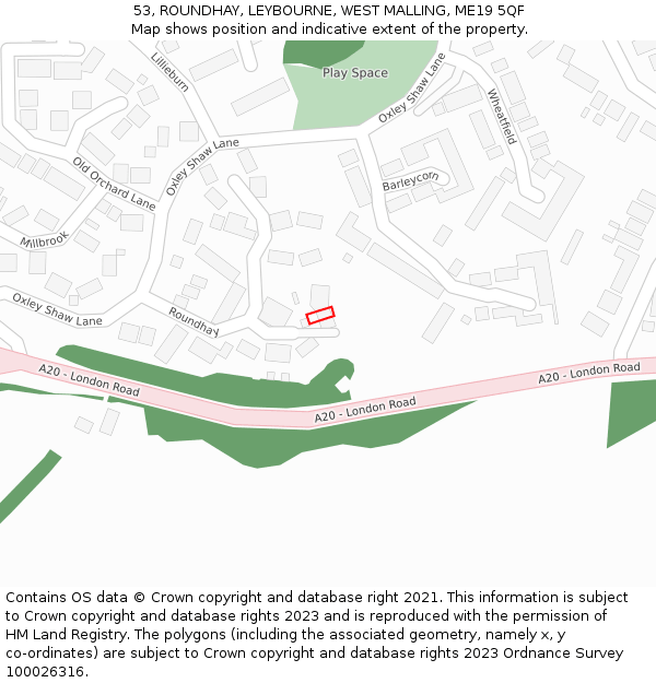 53, ROUNDHAY, LEYBOURNE, WEST MALLING, ME19 5QF: Location map and indicative extent of plot