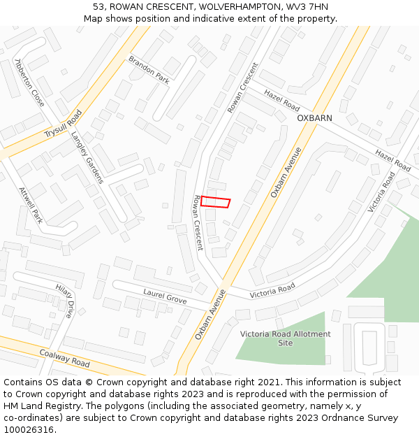 53, ROWAN CRESCENT, WOLVERHAMPTON, WV3 7HN: Location map and indicative extent of plot