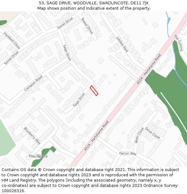 53, SAGE DRIVE, WOODVILLE, SWADLINCOTE, DE11 7JX: Location map and indicative extent of plot
