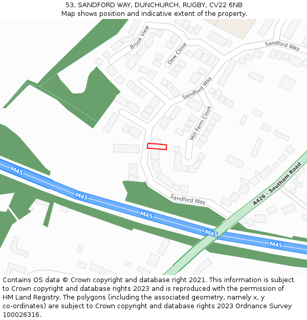 53, SANDFORD WAY, DUNCHURCH, RUGBY, CV22 6NB: Location map and indicative extent of plot