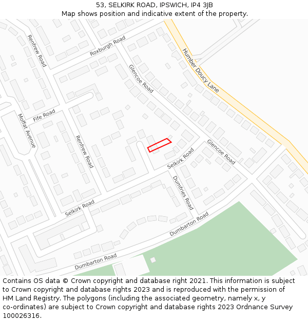 53, SELKIRK ROAD, IPSWICH, IP4 3JB: Location map and indicative extent of plot
