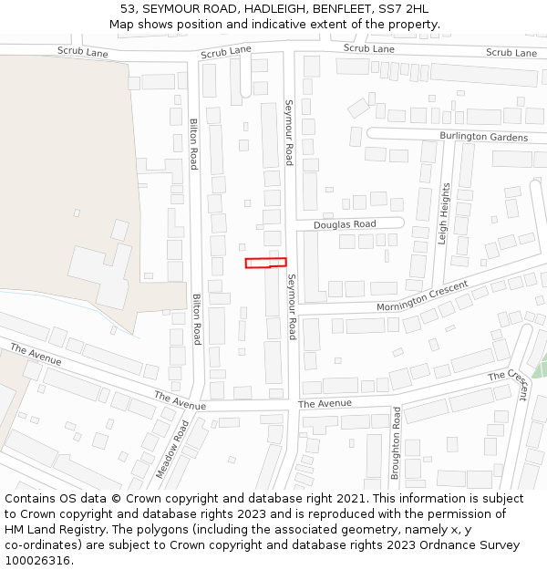 53, SEYMOUR ROAD, HADLEIGH, BENFLEET, SS7 2HL: Location map and indicative extent of plot