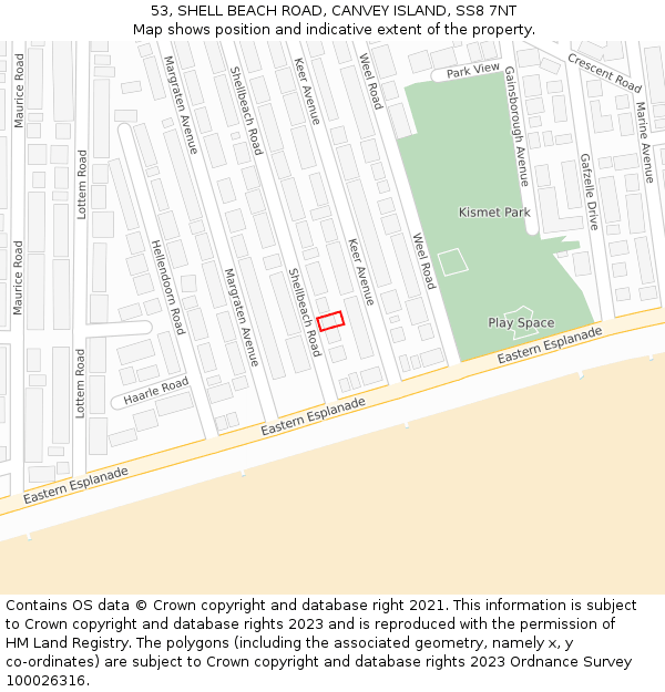 53, SHELL BEACH ROAD, CANVEY ISLAND, SS8 7NT: Location map and indicative extent of plot