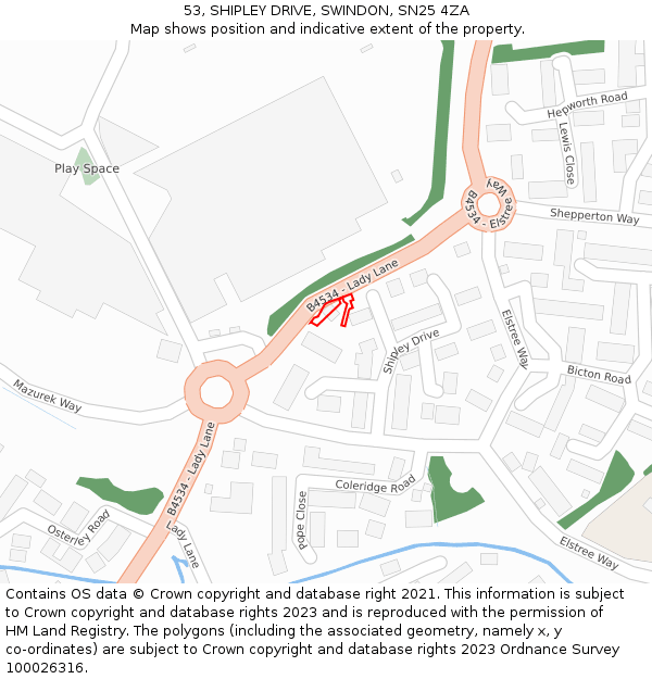 53, SHIPLEY DRIVE, SWINDON, SN25 4ZA: Location map and indicative extent of plot