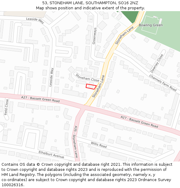 53, STONEHAM LANE, SOUTHAMPTON, SO16 2NZ: Location map and indicative extent of plot