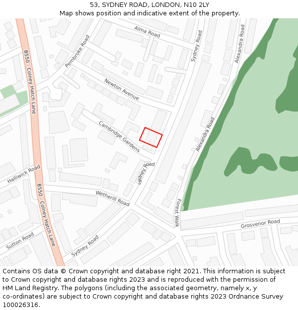 53, SYDNEY ROAD, LONDON, N10 2LY: Location map and indicative extent of plot