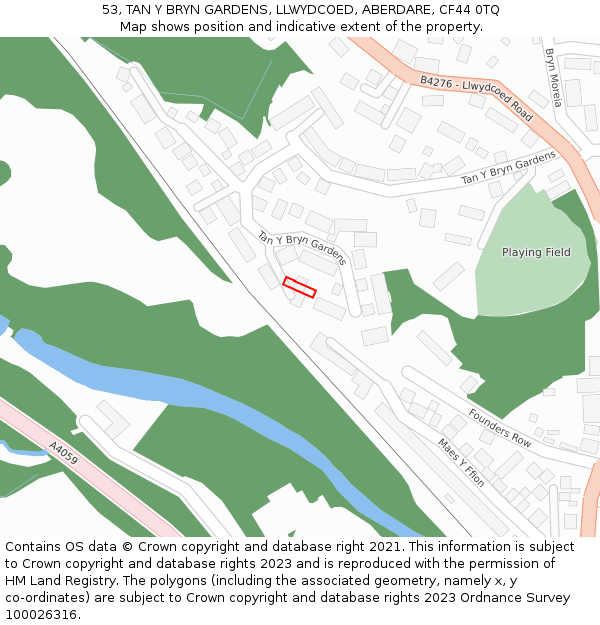 53, TAN Y BRYN GARDENS, LLWYDCOED, ABERDARE, CF44 0TQ: Location map and indicative extent of plot