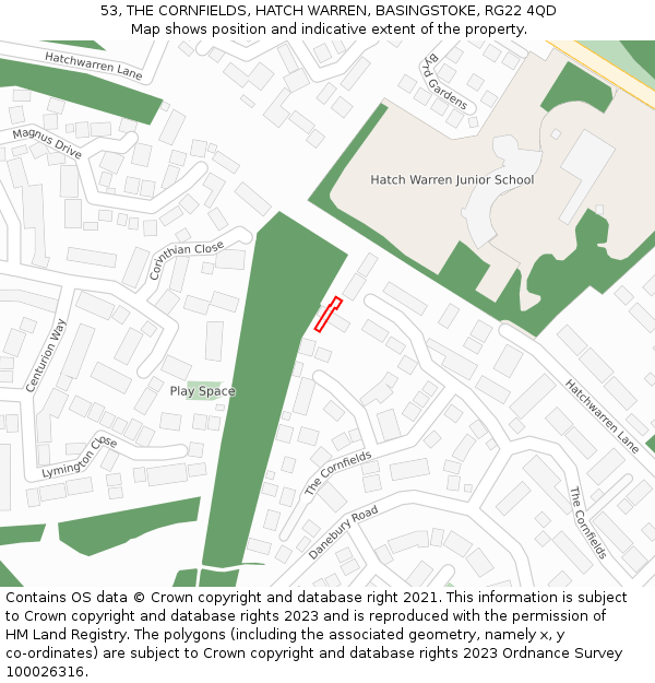 53, THE CORNFIELDS, HATCH WARREN, BASINGSTOKE, RG22 4QD: Location map and indicative extent of plot