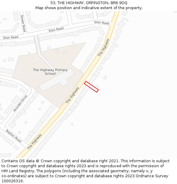 53, THE HIGHWAY, ORPINGTON, BR6 9DQ: Location map and indicative extent of plot