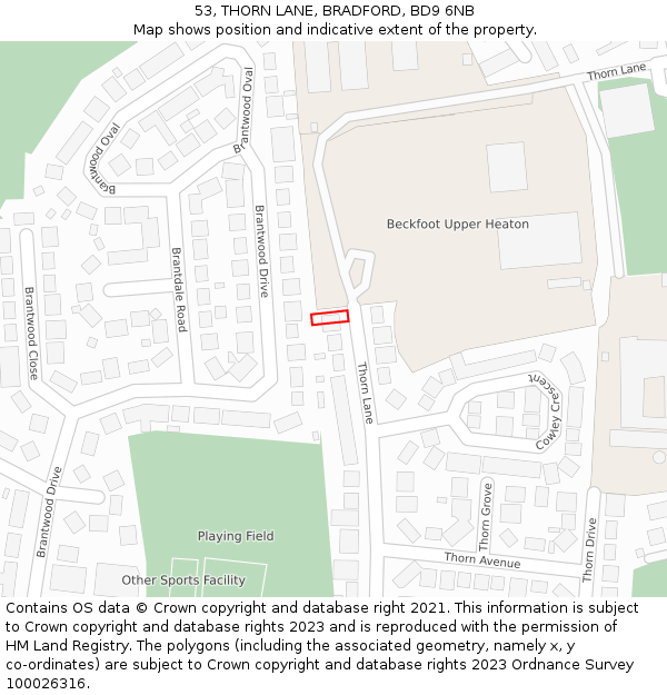 53, THORN LANE, BRADFORD, BD9 6NB: Location map and indicative extent of plot