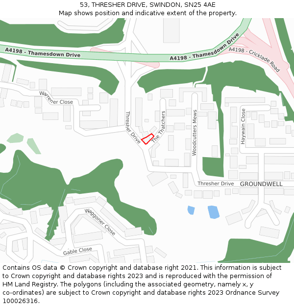 53, THRESHER DRIVE, SWINDON, SN25 4AE: Location map and indicative extent of plot
