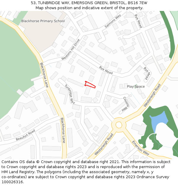 53, TUNBRIDGE WAY, EMERSONS GREEN, BRISTOL, BS16 7EW: Location map and indicative extent of plot