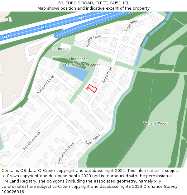 53, TURGIS ROAD, FLEET, GU51 1EL: Location map and indicative extent of plot