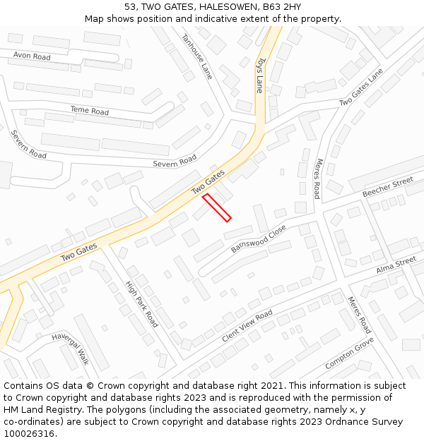 53, TWO GATES, HALESOWEN, B63 2HY: Location map and indicative extent of plot