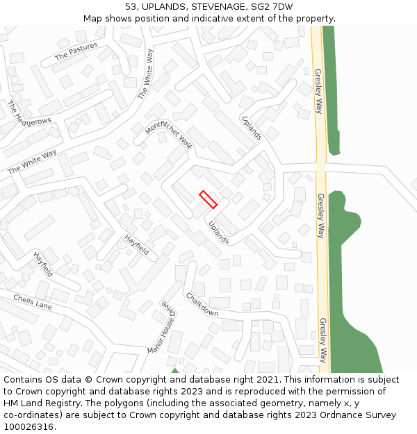53, UPLANDS, STEVENAGE, SG2 7DW: Location map and indicative extent of plot
