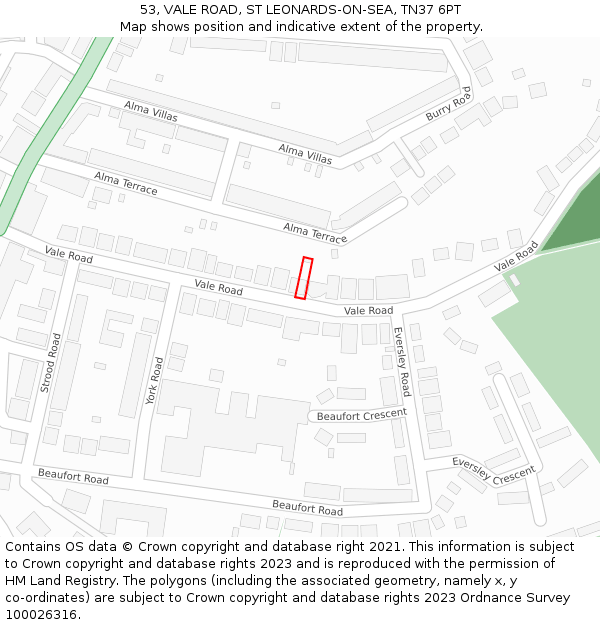 53, VALE ROAD, ST LEONARDS-ON-SEA, TN37 6PT: Location map and indicative extent of plot