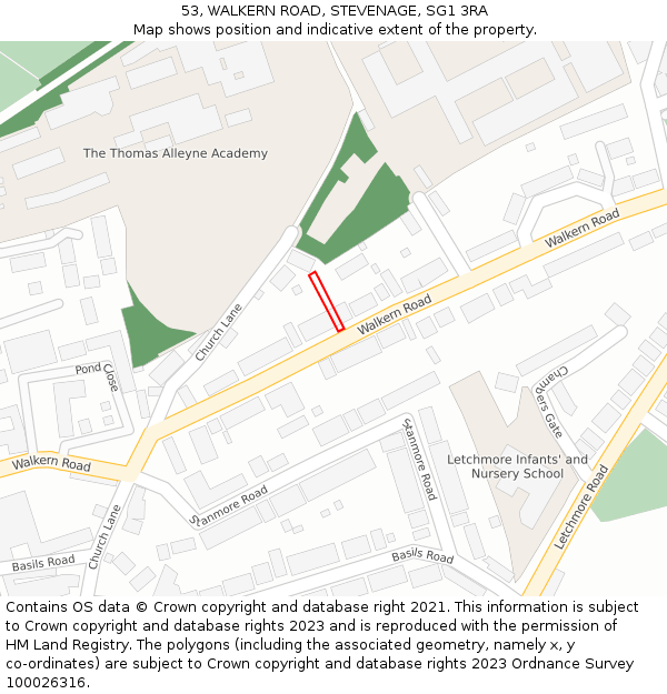 53, WALKERN ROAD, STEVENAGE, SG1 3RA: Location map and indicative extent of plot