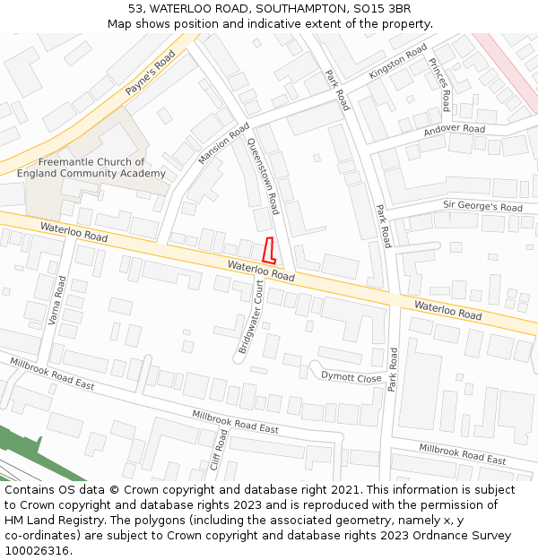 53, WATERLOO ROAD, SOUTHAMPTON, SO15 3BR: Location map and indicative extent of plot