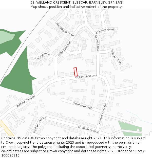 53, WELLAND CRESCENT, ELSECAR, BARNSLEY, S74 8AG: Location map and indicative extent of plot