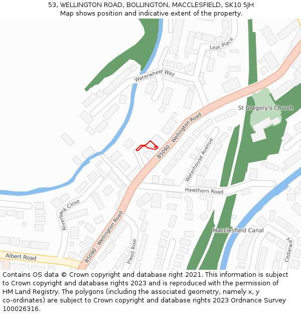 53, WELLINGTON ROAD, BOLLINGTON, MACCLESFIELD, SK10 5JH: Location map and indicative extent of plot