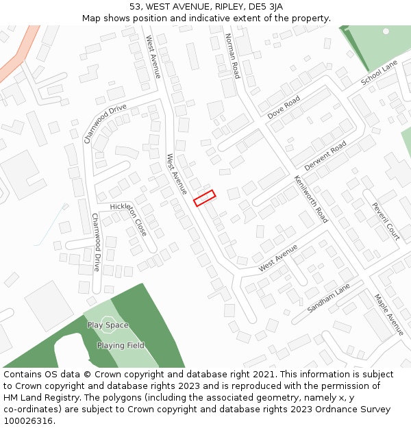 53, WEST AVENUE, RIPLEY, DE5 3JA: Location map and indicative extent of plot