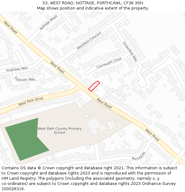 53, WEST ROAD, NOTTAGE, PORTHCAWL, CF36 3SN: Location map and indicative extent of plot