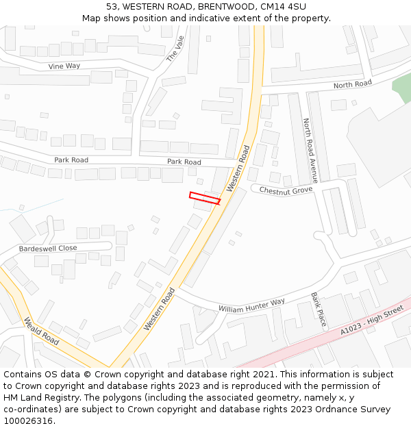 53, WESTERN ROAD, BRENTWOOD, CM14 4SU: Location map and indicative extent of plot