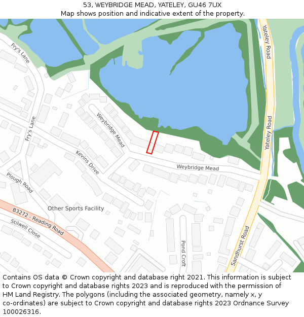53, WEYBRIDGE MEAD, YATELEY, GU46 7UX: Location map and indicative extent of plot