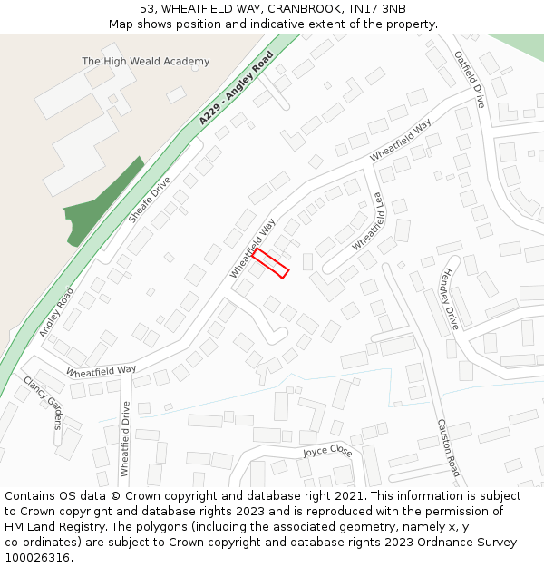 53, WHEATFIELD WAY, CRANBROOK, TN17 3NB: Location map and indicative extent of plot