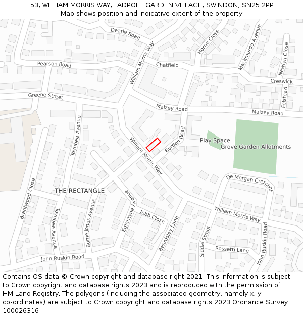 53, WILLIAM MORRIS WAY, TADPOLE GARDEN VILLAGE, SWINDON, SN25 2PP: Location map and indicative extent of plot