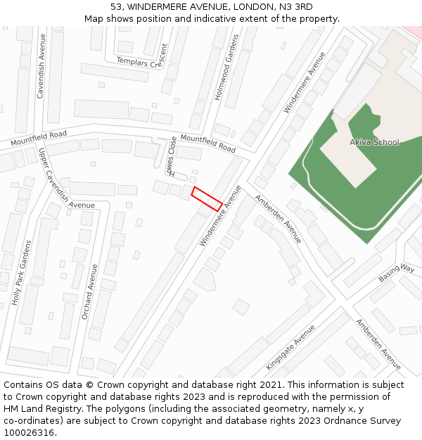 53, WINDERMERE AVENUE, LONDON, N3 3RD: Location map and indicative extent of plot