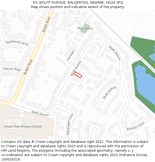 53, WOLFIT AVENUE, BALDERTON, NEWARK, NG24 3PQ: Location map and indicative extent of plot