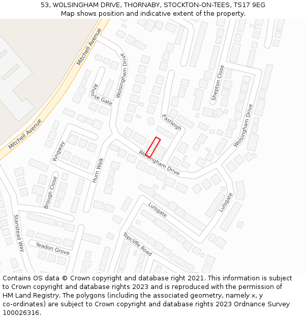 53, WOLSINGHAM DRIVE, THORNABY, STOCKTON-ON-TEES, TS17 9EG: Location map and indicative extent of plot