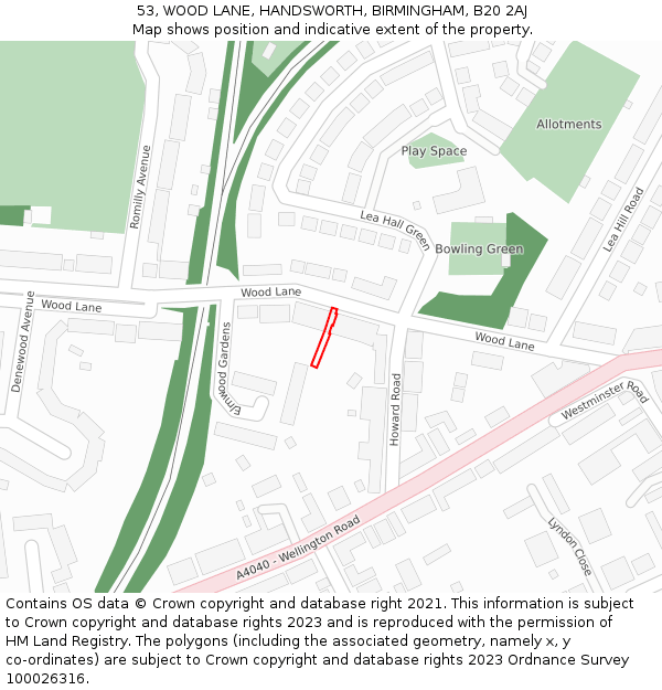 53, WOOD LANE, HANDSWORTH, BIRMINGHAM, B20 2AJ: Location map and indicative extent of plot