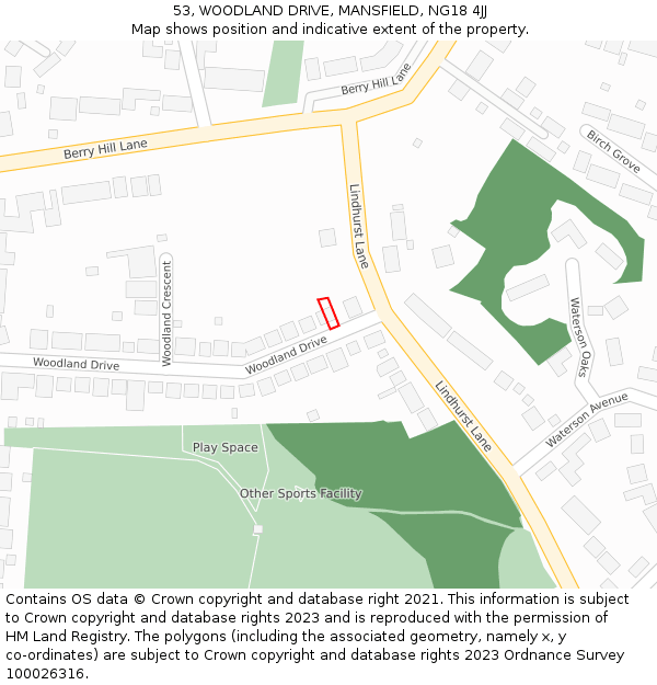 53, WOODLAND DRIVE, MANSFIELD, NG18 4JJ: Location map and indicative extent of plot