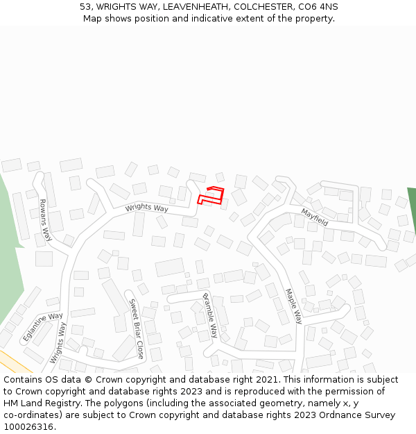53, WRIGHTS WAY, LEAVENHEATH, COLCHESTER, CO6 4NS: Location map and indicative extent of plot