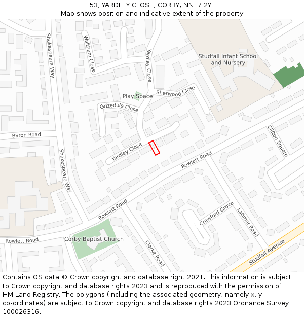 53, YARDLEY CLOSE, CORBY, NN17 2YE: Location map and indicative extent of plot