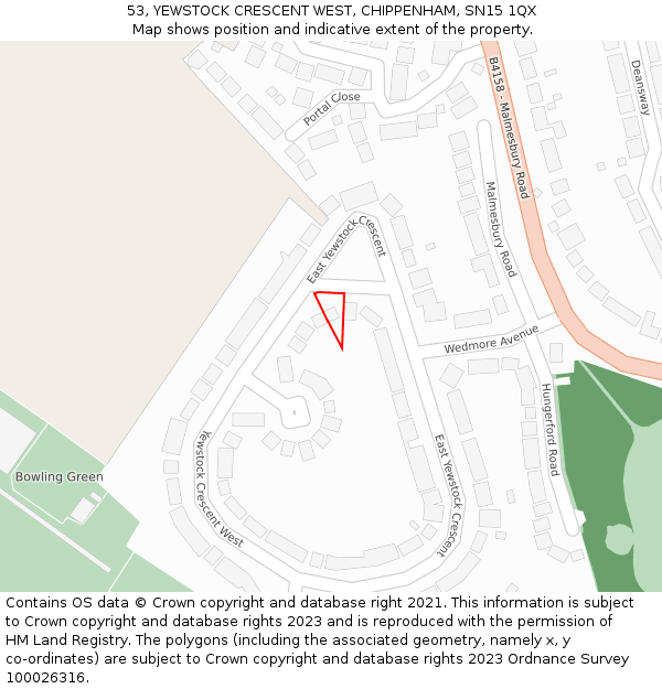 53, YEWSTOCK CRESCENT WEST, CHIPPENHAM, SN15 1QX: Location map and indicative extent of plot