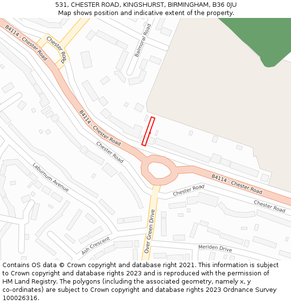 531, CHESTER ROAD, KINGSHURST, BIRMINGHAM, B36 0JU: Location map and indicative extent of plot