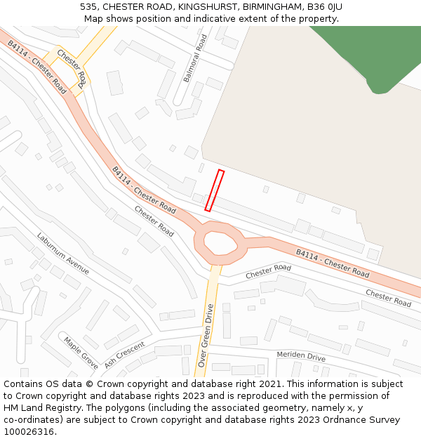 535, CHESTER ROAD, KINGSHURST, BIRMINGHAM, B36 0JU: Location map and indicative extent of plot