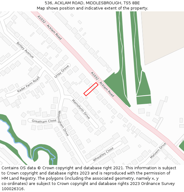 536, ACKLAM ROAD, MIDDLESBROUGH, TS5 8BE: Location map and indicative extent of plot
