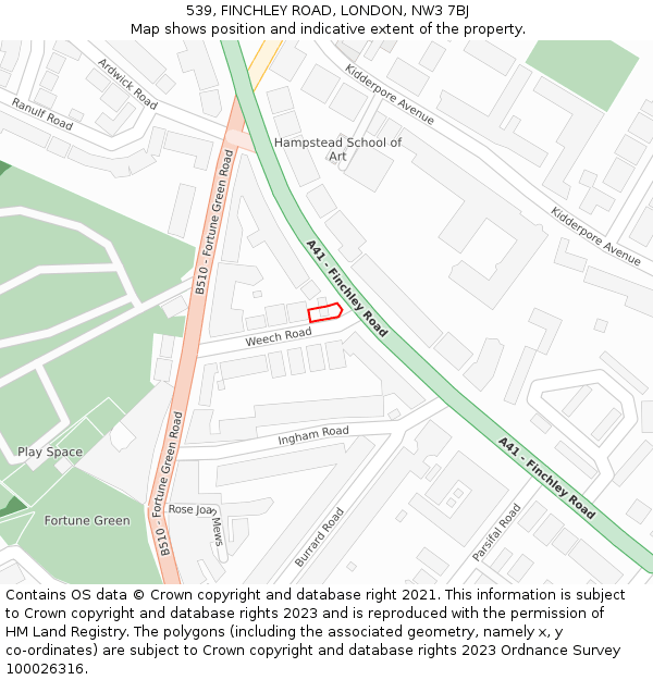 539, FINCHLEY ROAD, LONDON, NW3 7BJ: Location map and indicative extent of plot