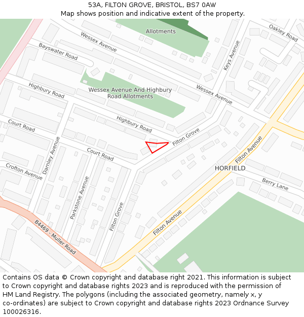 53A, FILTON GROVE, BRISTOL, BS7 0AW: Location map and indicative extent of plot