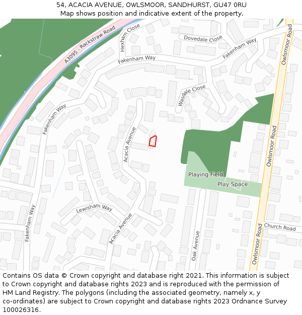 54, ACACIA AVENUE, OWLSMOOR, SANDHURST, GU47 0RU: Location map and indicative extent of plot